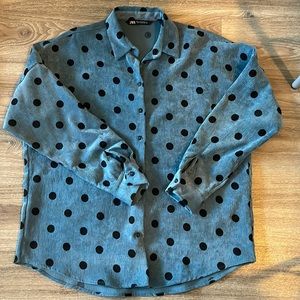 Zara oversized, polka dot, long sleeve, collard blouse, blue.